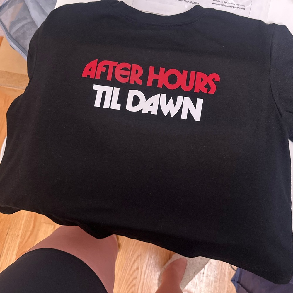 Black Graphic Tee with Red and White Text